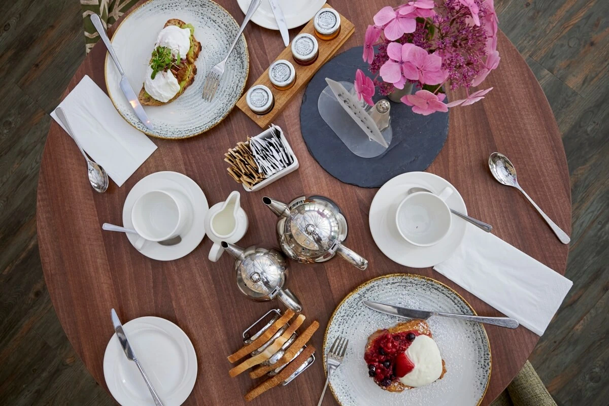 Overhead view of breakfast in the Conservatory restaurant